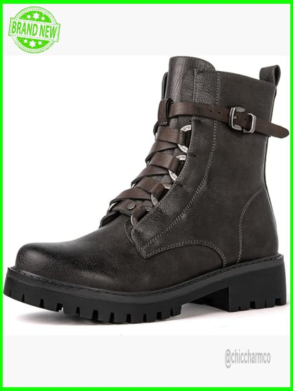 Women's Combat Boots Lace Up Ankle Booties Low Heel Zip Closure Faux Leather